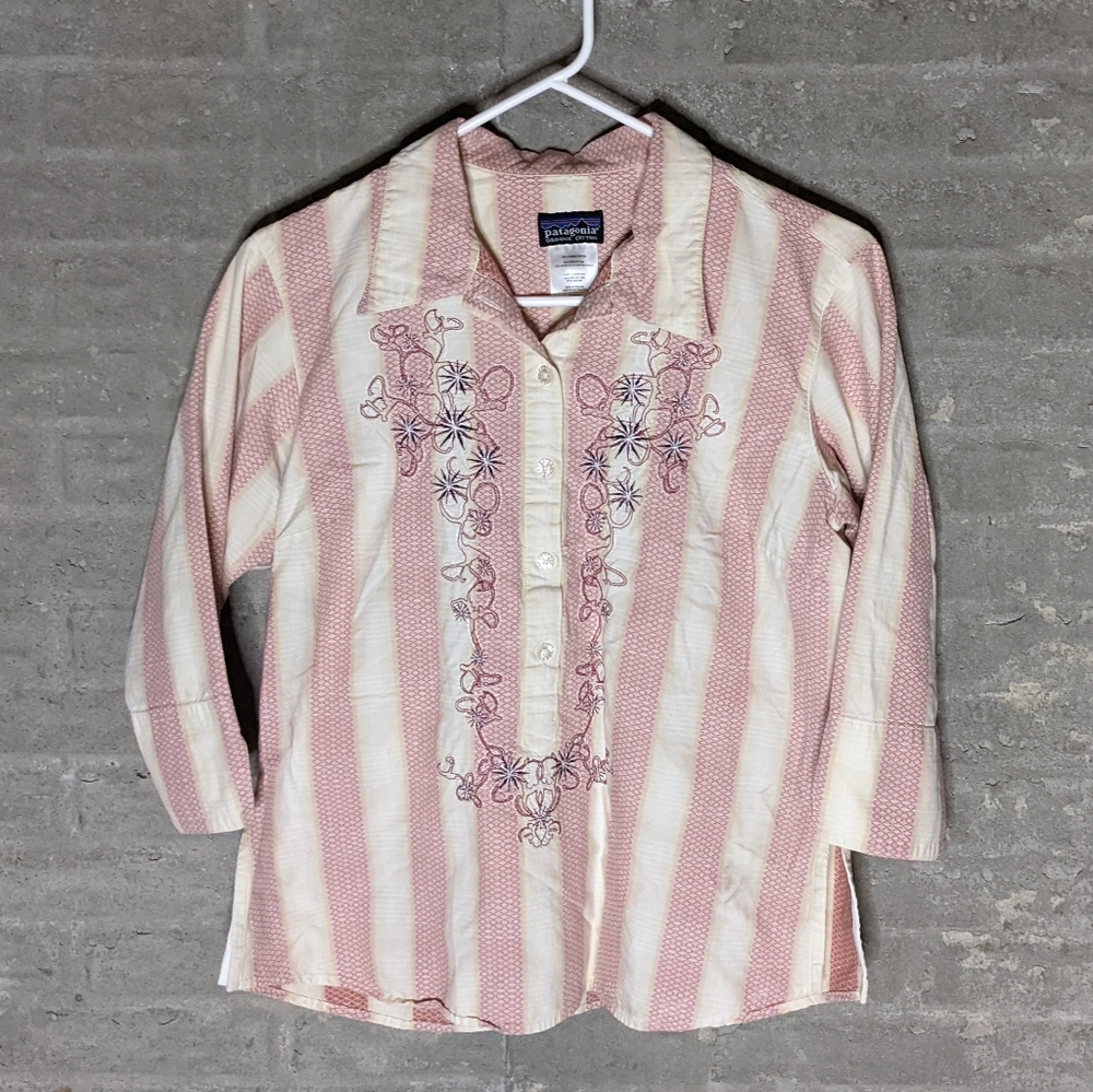 Patagonia Organic Cotton Striped Embroidered 3/4 Sleeve Blouse Women's Size M